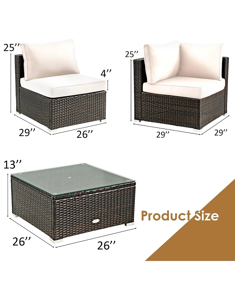 5PCS Patio Rattan Furniture Set Cushioned Sofa Chair Coffee Table