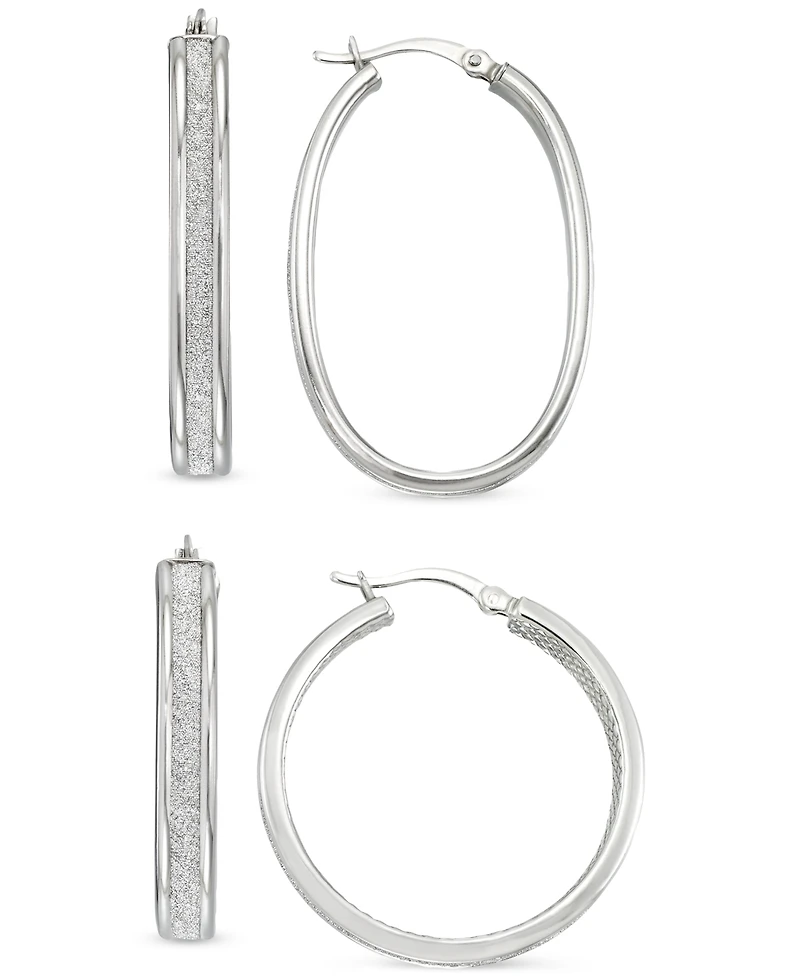 2-Pc. Set Glitter Oval & Round Hoop Earrings in Sterling Silver