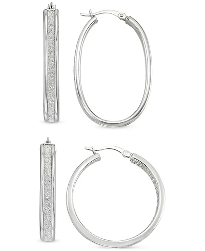 2-Pc. Set Glitter Oval & Round Hoop Earrings in Sterling Silver