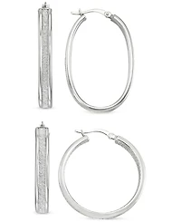 2-Pc. Set Glitter Oval & Round Hoop Earrings in Sterling Silver