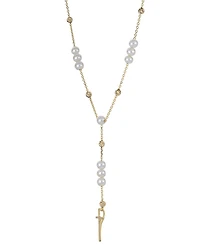 Cultured Freshwater Pearl (4 - 4 1/2mm) Cross 18" Lariat Necklace in 14k Gold-Plated Sterling Silver