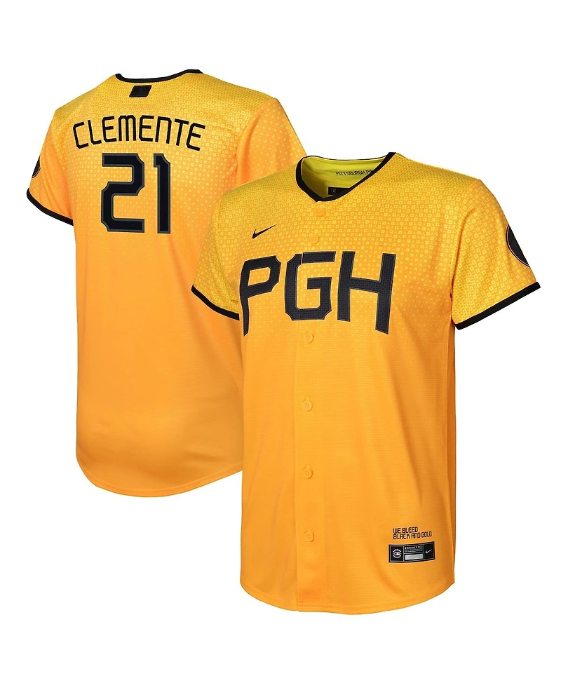 Toddler Boys and Girls Nike Roberto Clemente Gold Pittsburgh Pirates 2023 City Connect Replica Player Jersey