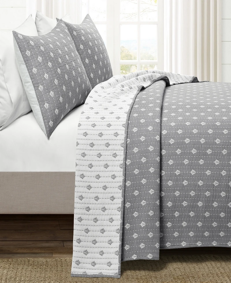 Lush Decor Hygge Kantha Pick Stitch Yarn Dyed Cotton Jacquard 3-Piece Quilt Set, King