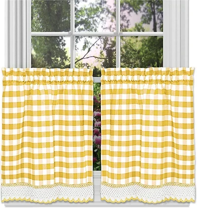 Kate Aurora 2 Piece Country Farmhouse Buffalo Plaid Rod Pocket Cafe Tier Curtain Panels With Macrame Border