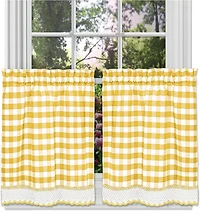Kate Aurora 2 Piece Country Farmhouse Buffalo Plaid Rod Pocket Cafe Tier Curtain Panels With Macrame Border