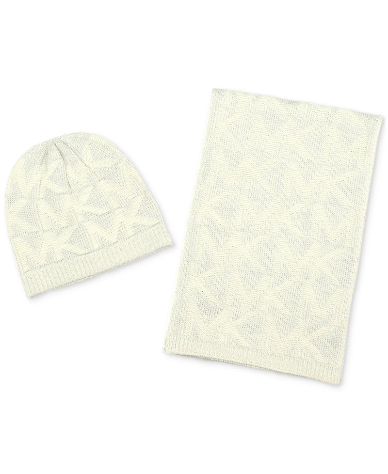 Michael Kors Women's Debossed Knit Metallic Beanie & Scarf Set