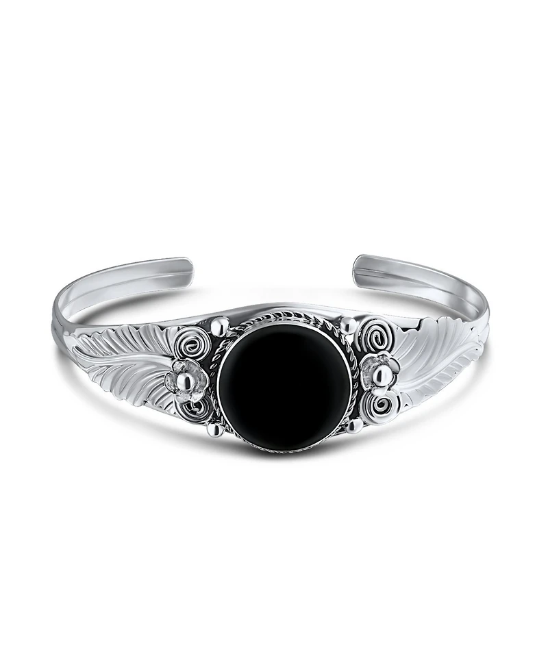 Bling Jewelry Nature Leaf Flowers Round Cabochon Statement Black Natural Onyx or Blue Turquoise Wide Cuff Bracelet Sterling Silver