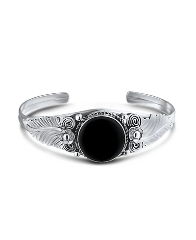 Bling Jewelry Nature Leaf Flowers Round Cabochon Statement Black Natural Onyx or Blue Turquoise Wide Cuff Bracelet Sterling Silver