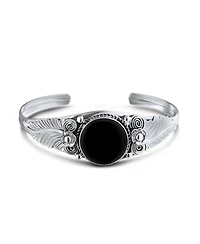 Bling Jewelry Nature Leaf Flowers Round Cabochon Statement Black Natural Onyx or Blue Turquoise Wide Cuff Bracelet Sterling Silver
