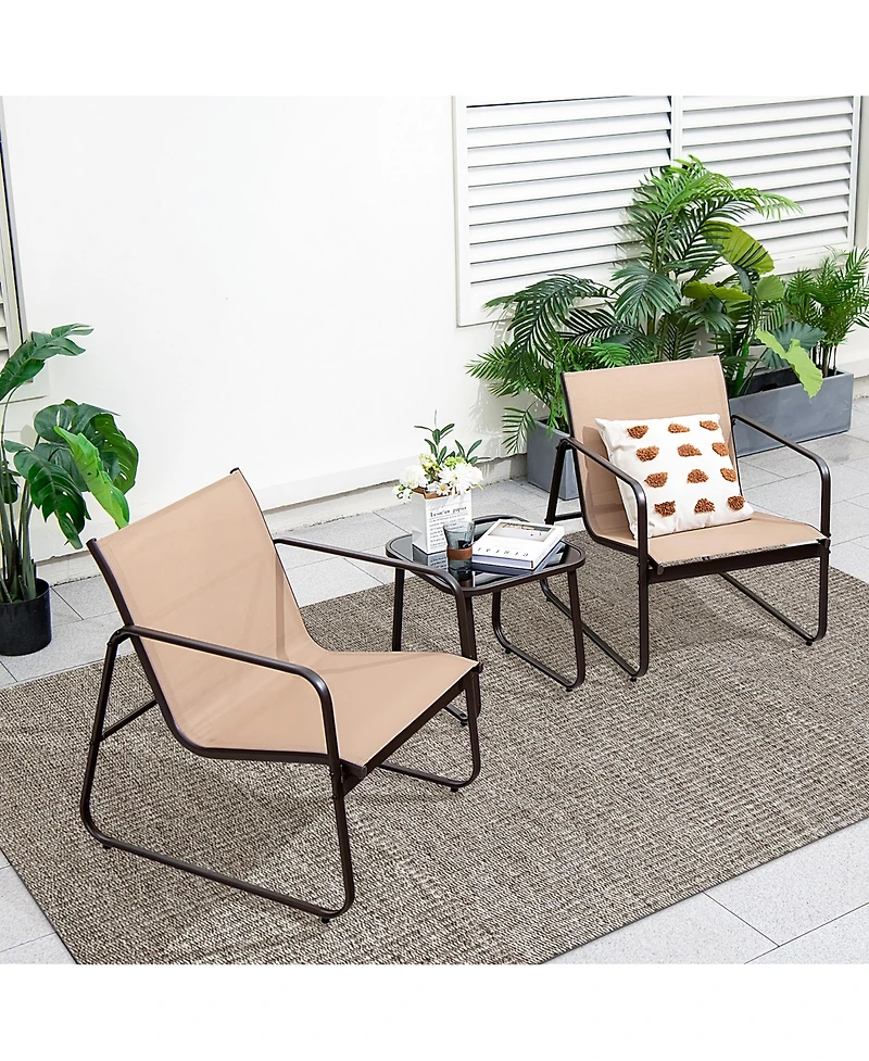 Costway 3 Pieces Patio Conversation Set Outdoor Metal Chair & Table Tempered Glass Top