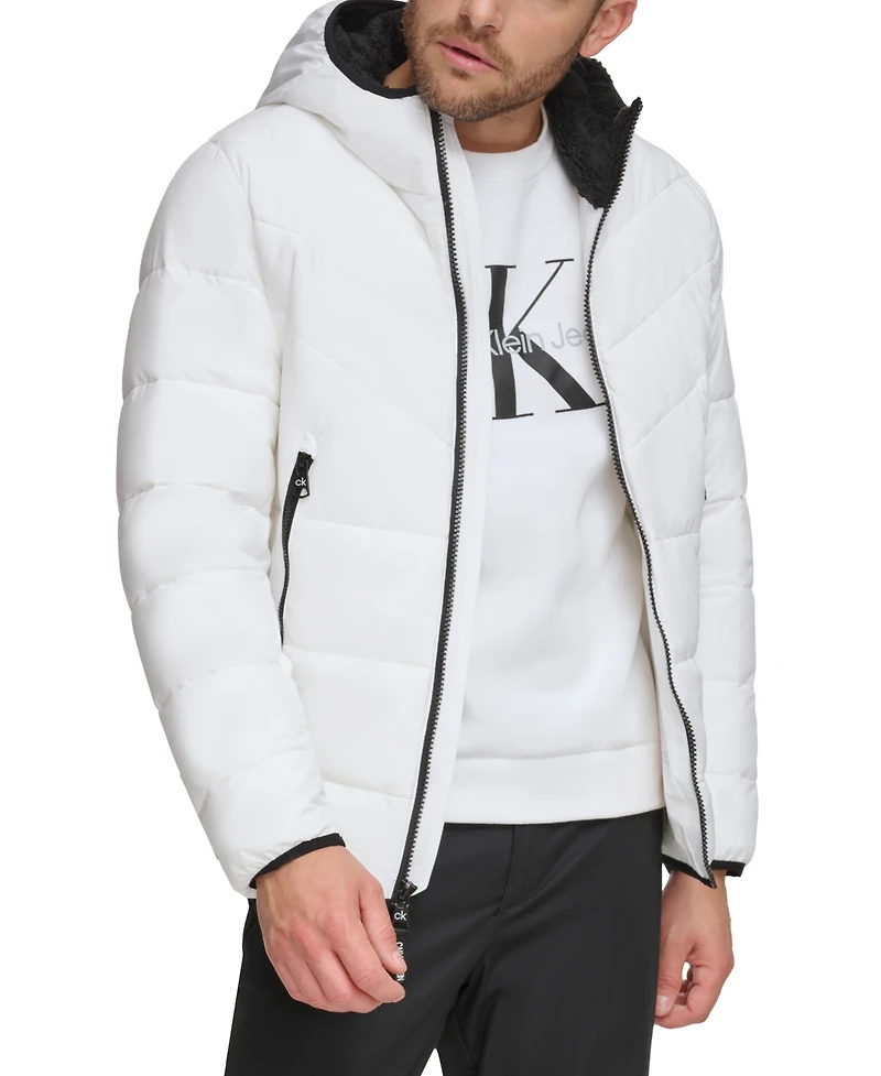 Calvin Klein Men's Chevron Stretch Jacket With Sherpa Lined Hood