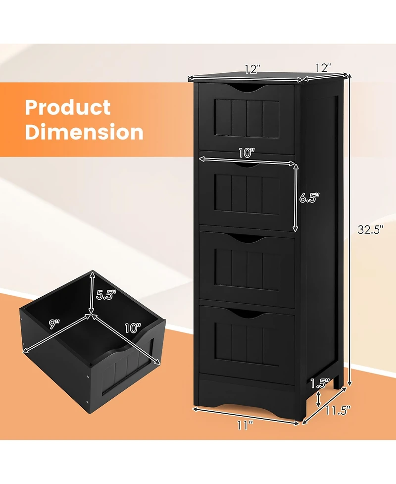 4-Drawer Bathroom Floor Cabinet Free Standing Storage Side Organizer