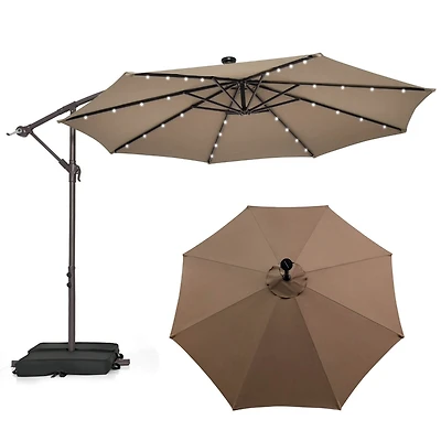 Patio 10FT Hanging Offset Umbrella 32 Led Lights Sand Bag Outdoor Cross Base