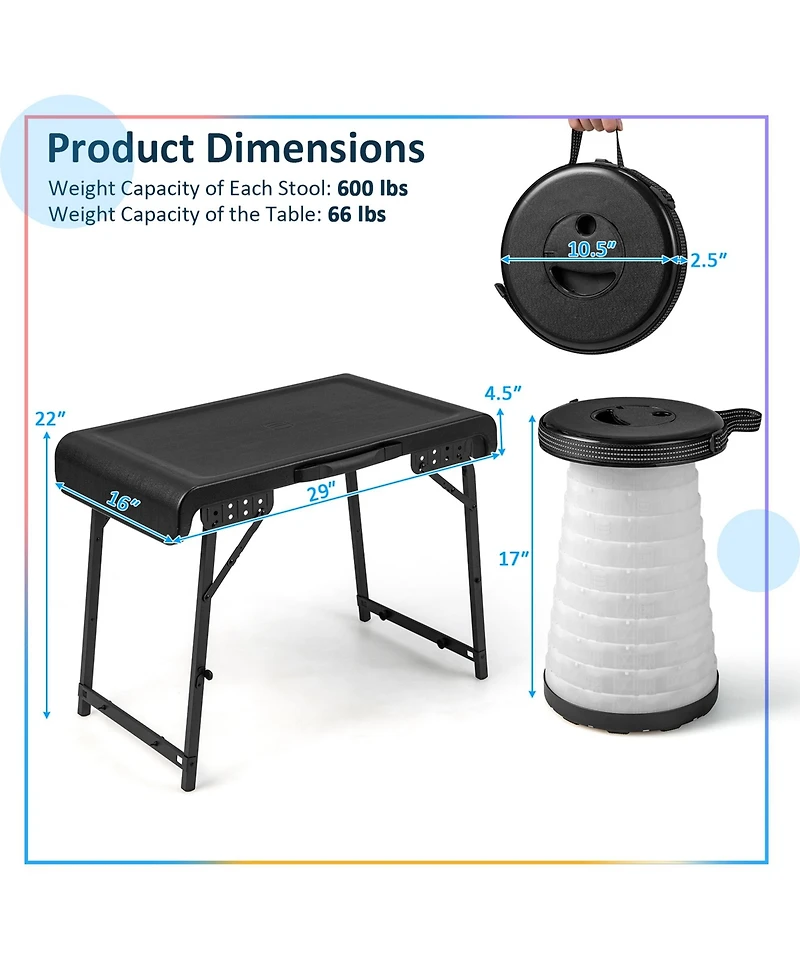 3-Piece Folding Table Stool Set with a Camping Table & 2 Retractable Led Stools