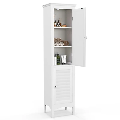 Tall Bathroom Floor Cabinet Narrow Linen Tower with 2 Doors & Adjustable Shelf