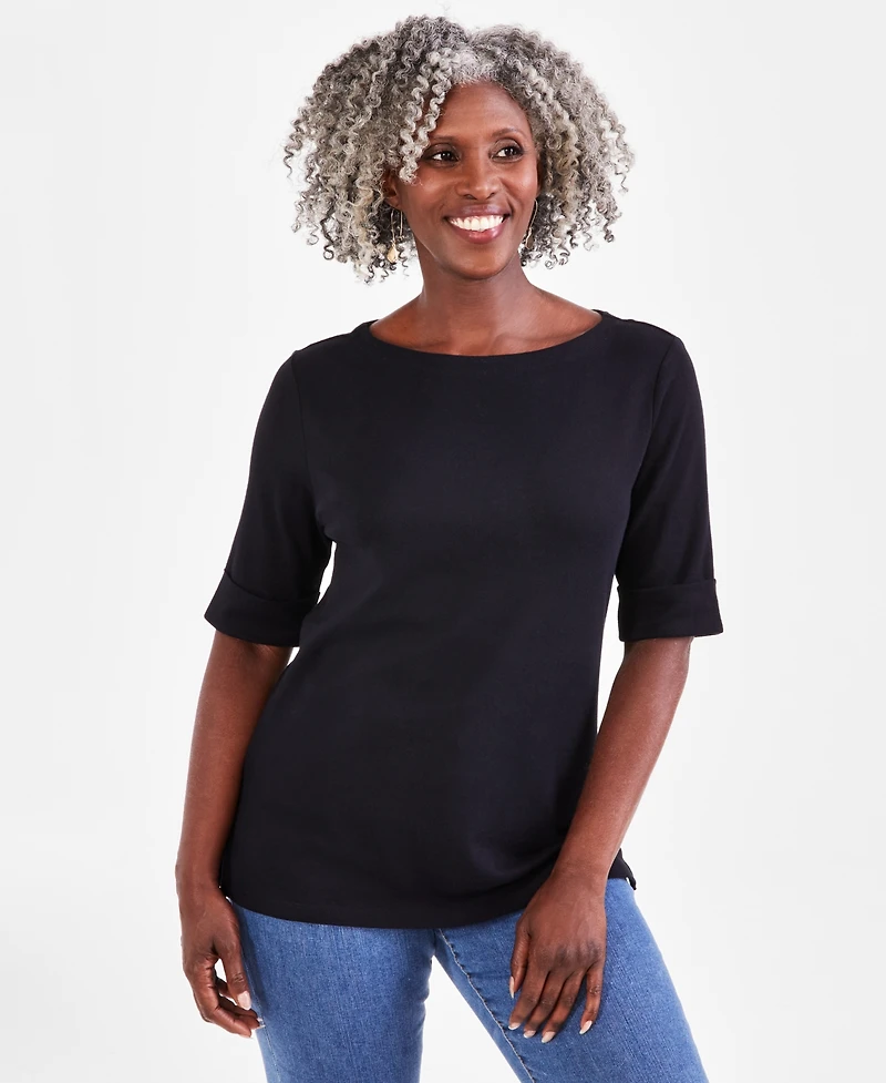 Style & Co Women's Boat-Neck Elbow Sleeve Cotton Top, Exclusively at Macy's