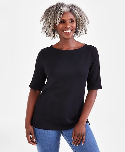 Style & Co Women's Boat-Neck Elbow Sleeve Cotton Top, Exclusively at Macy's