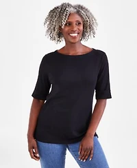Style Co Womens Boat Neck Elbow Sleeve Cotton Top Pxs 4x Exclusively At Macys