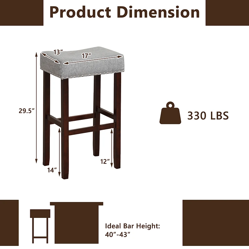 Set of 2 Bar Stools Bar Height Saddle Kitchen Chairs with Wooden Legs