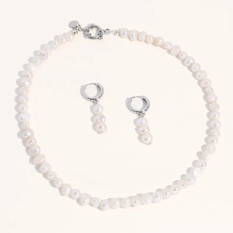 Joey Baby 18K Silver Plated Freshwater Pearls -Jackie Necklace & Jackie Earrings Set For Women