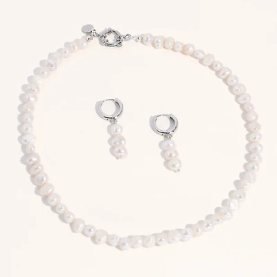 Joey Baby 18K Silver Plated Freshwater Pearls -Jackie Necklace & Jackie Earrings Set For Women