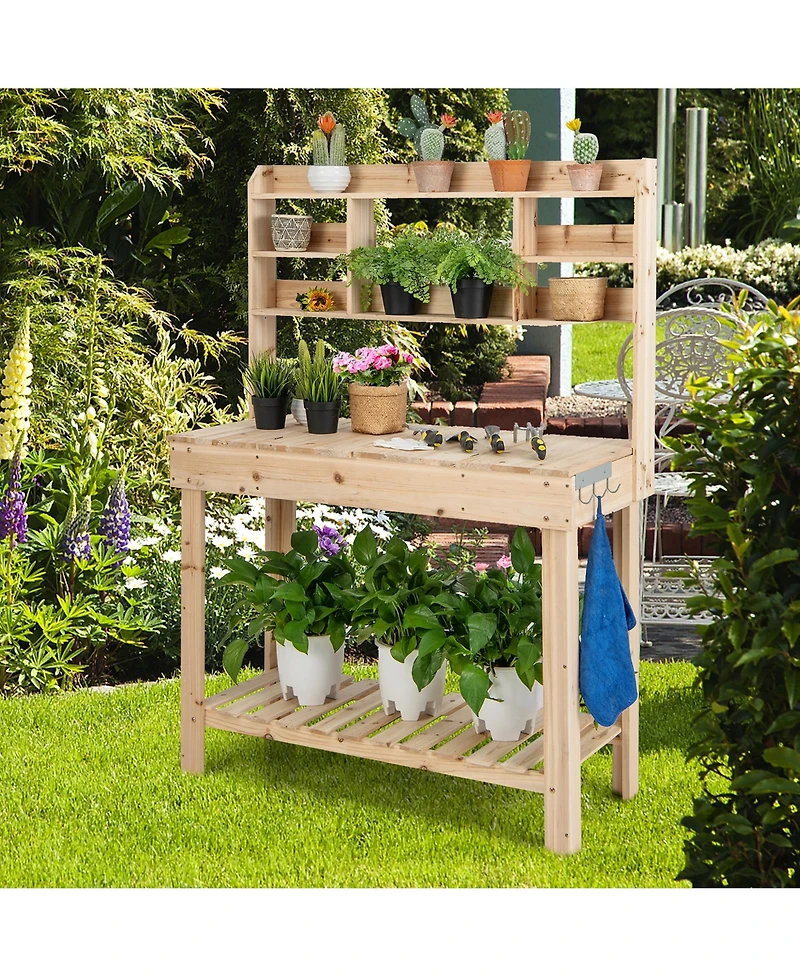 Costway Potting Bench Table Wooden Garden Work Bench Platform with Display Rack Hidden Sink