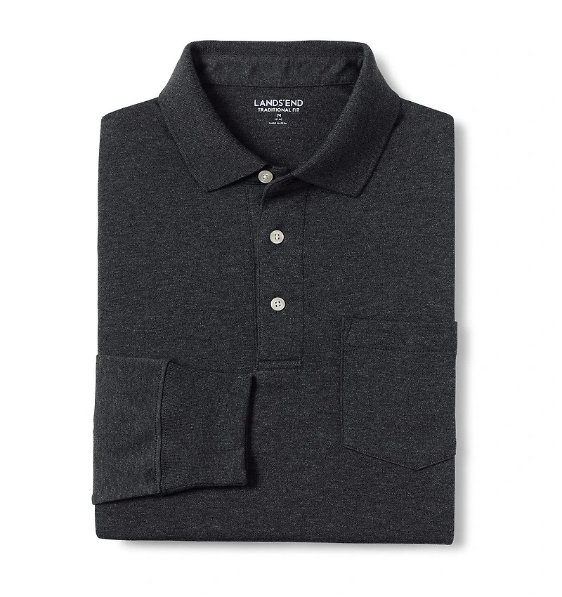 Lands' End Men's Long Sleeve Cotton Supima Polo Shirt with Pocket