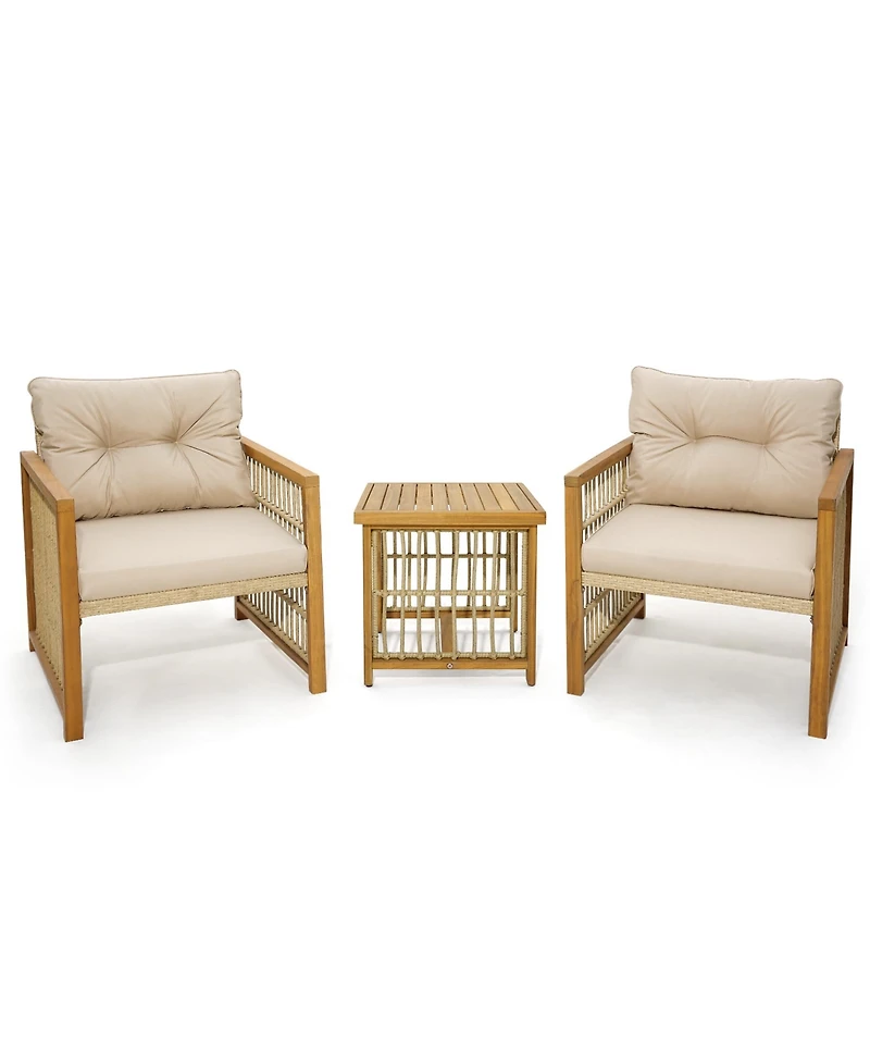 Costway 3PCS Patio Pe Wicker Conversation Set Acacia Wood Frame