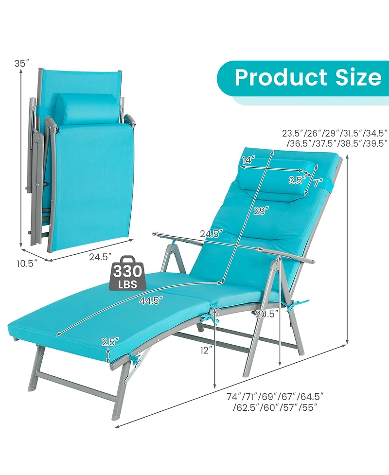 Costway Outdoor Folding Chaise Lounge Chair Recliner Cushion Pillow Adjustable