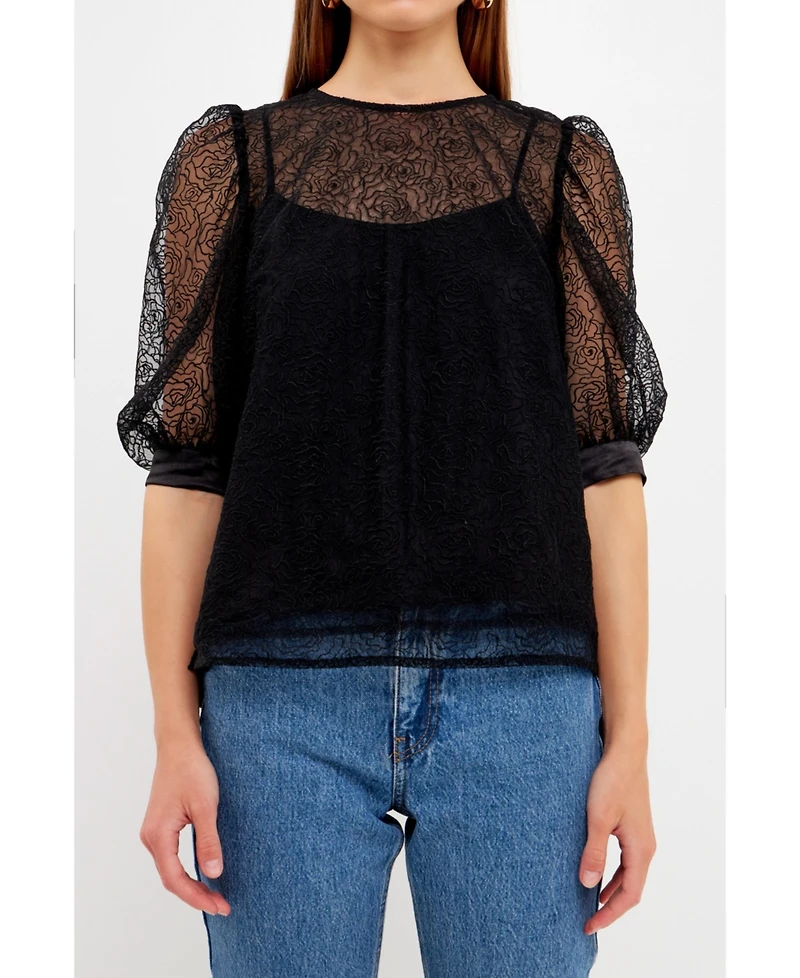 endless rose Women's Embroidered Puff Sleeve Satin Bow Top