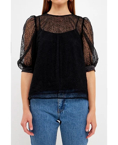 endless rose Women's Embroidered Puff Sleeve Satin Bow Top