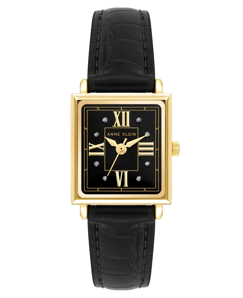 Anne Klein Women's Three Hand Quartz Square Black Polyurethane Faux Leather Band Watch, 21mm