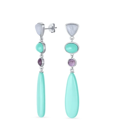 Bling Jewelry Unique Boho Geometric Linear Long Round Triangle Elongated Oval Shape Natural 4 Multi-Tier Stone Summer Party Turquoise Dangling Earring
