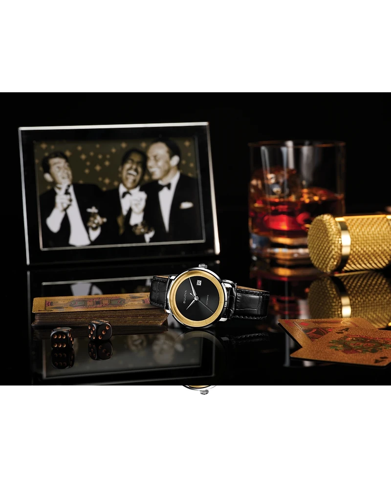 Bulova Men's Classic Frank Sinatra Rat Pack Automatic Black Leather Strap Watch 40mm