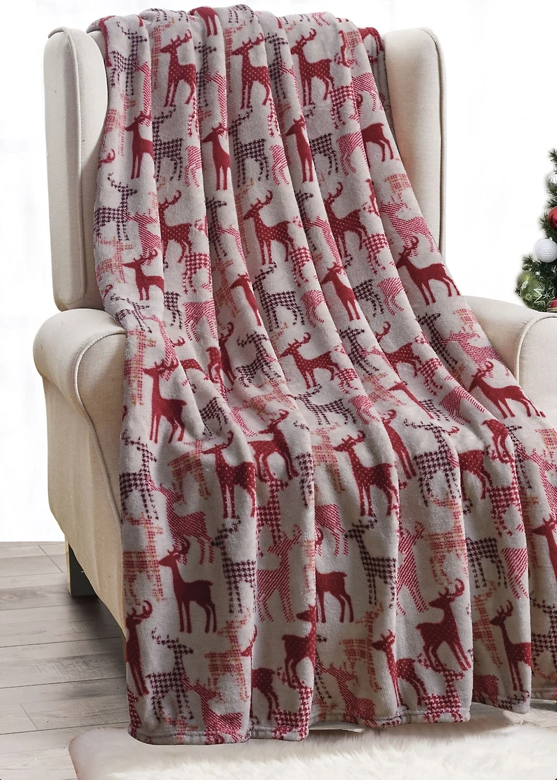 Kate Aurora Ultra Soft & Cozy Christmas Plaid Reindeer Plush Throw Blanket Cover