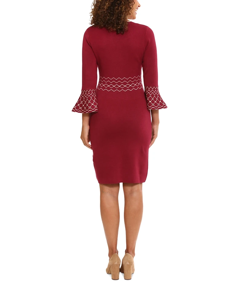 London Times Women's Contrast-Stitch Bell-Sleeve Sweater Dress