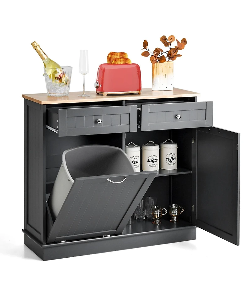 Wooden Kitchen Trash Cabinet Tilt Out Bin Holder with Drawer & Storage Shelf