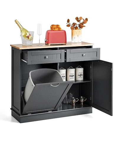 Wooden Kitchen Trash Cabinet Tilt Out Bin Holder with Drawer & Storage Shelf