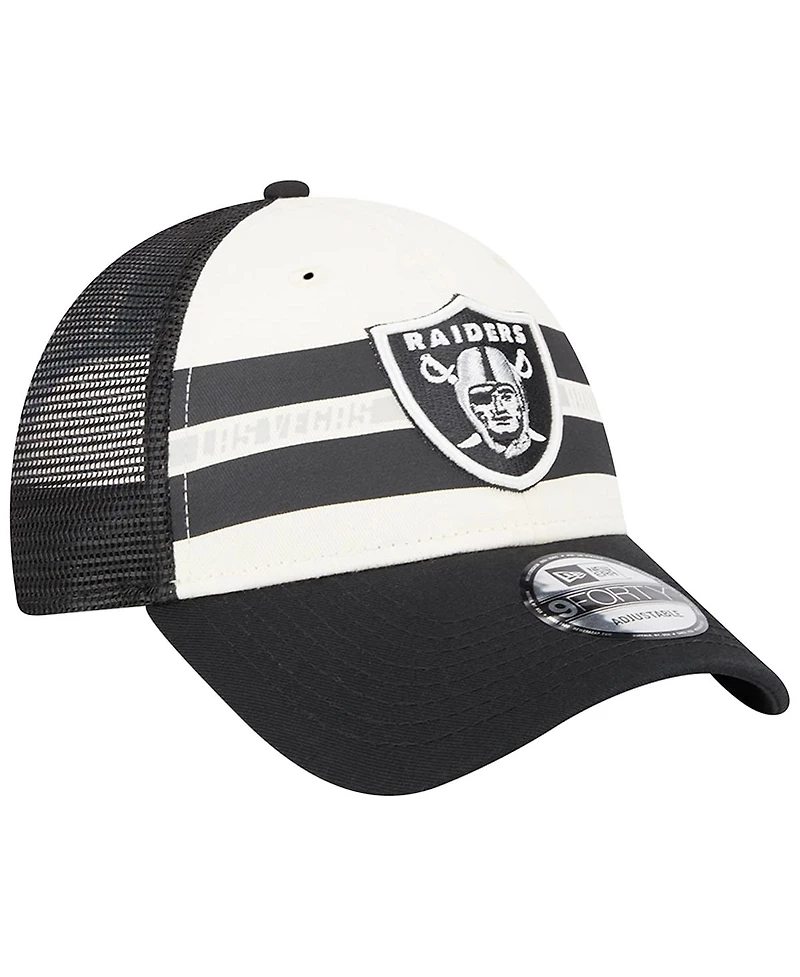 Men's New Era Cream, Black Las Vegas Raiders Team Stripe Trucker 9FORTY Snapback Hat