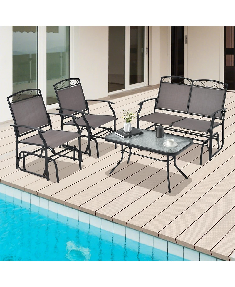 Costway 4pcs Patio Glider Conversation Set Swing Rocking Chair Table Heavy-Duty Outdoor