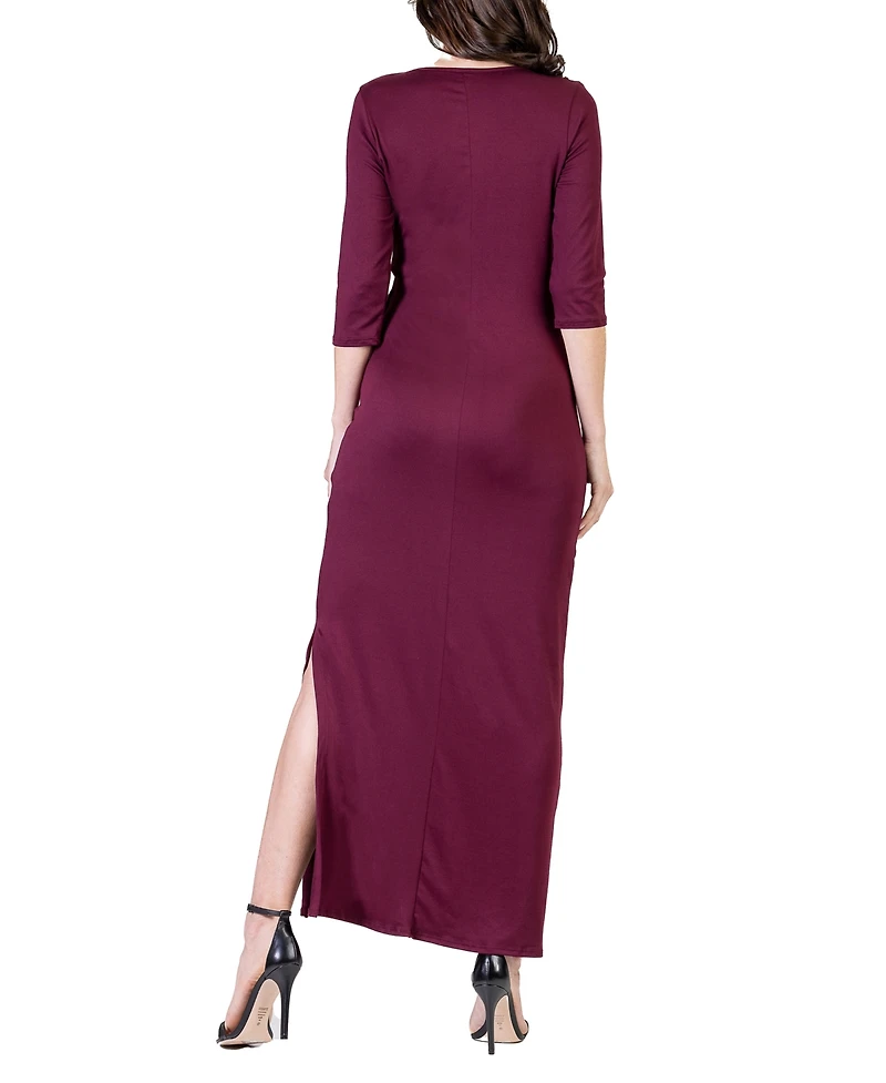 24seven Comfort Apparel Women's Fitted V-neck Side Slit Maxi Dress