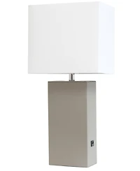 Lalia Home Lexington 21" Leather Base Modern Decor Bedside Table Lamp with Usb Charging Port