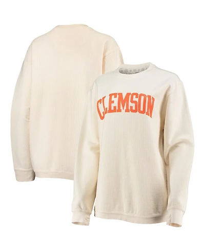 Women's Pressbox White Clemson Tigers Comfy Cord Vintage-Like Wash Basic Arch Pullover Sweatshirt