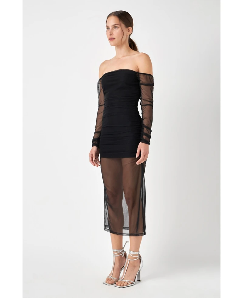 endless rose Women's Mesh Off the Shoulder Midi Dress