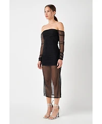 endless rose Women's Mesh Off the Shoulder Midi Dress