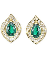 Lab-Grown Emerald (5/8 ct. t.w.) & Lab-Grown White Sapphire (1/3 ct. t.w.) Pear Halo Stud Earrings in 14k Gold-Plated Sterling Silver