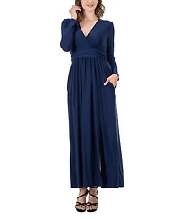 24seven Comfort Apparel Women's Long Sleeve V-neck Side Slit Maxi Dress