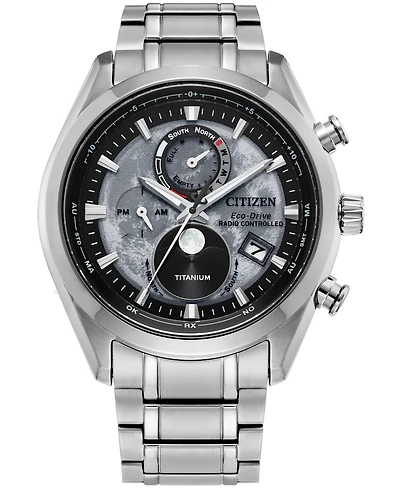Citizen Men's Tsuki-yomi A-t Chronograph Sport Luxury Eco-Drive Silver-Tone Titanium Bracelet Watch 43mm