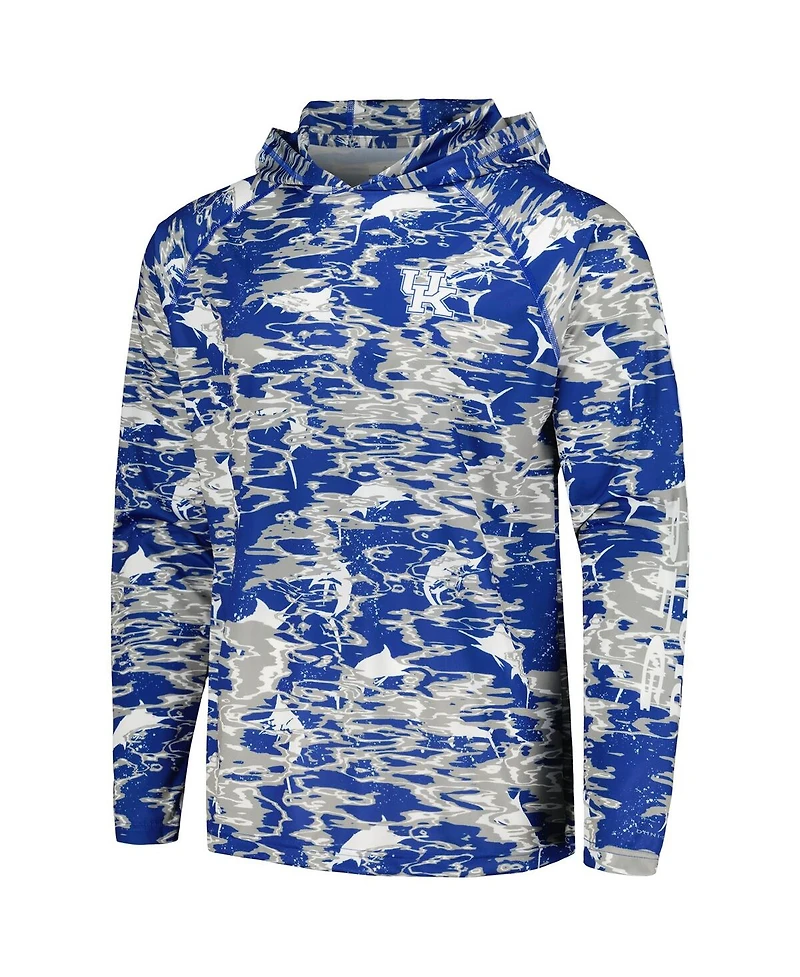 Men's Columbia Royal Kentucky Wildcats Pfg Terminal Tackle Omni-Shade Rippled Long Sleeve Hooded T-shirt