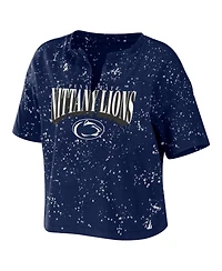 Women's Wear by Erin Andrews Navy Penn State Nittany Lions Bleach Wash Splatter Cropped Notch Neck T-shirt